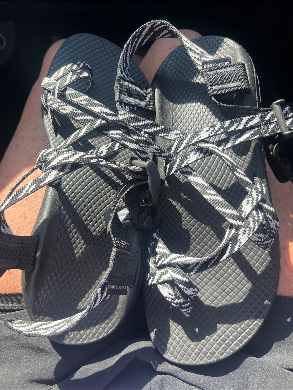 Chaco Black Sandals with Black & White Patterned Straps